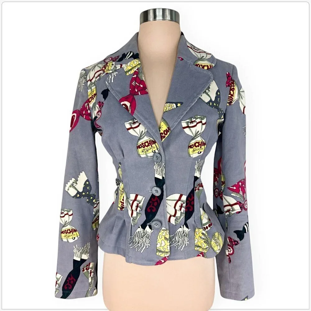 Moschino Jeans Vintage Gray Candy Wrapper Print Pattern Blazer Jacket Fitted 6 - Picture 2 of 7